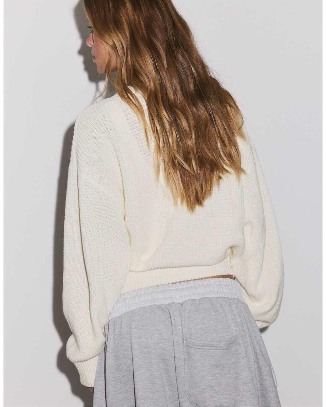 Stradivarius White V-neck Knit Cardigan