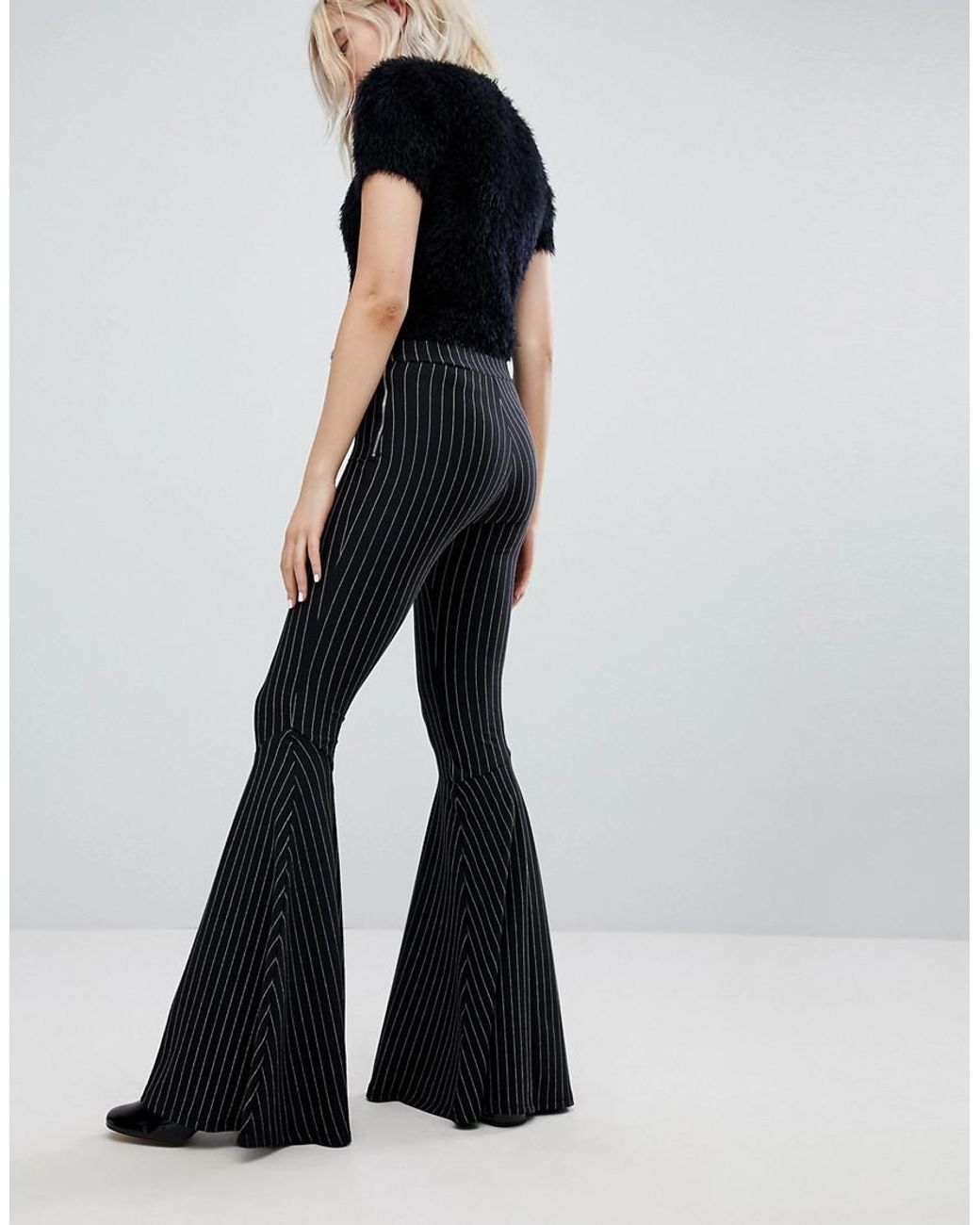 Bershka Pinstripe Flared Pants in Black | Lyst