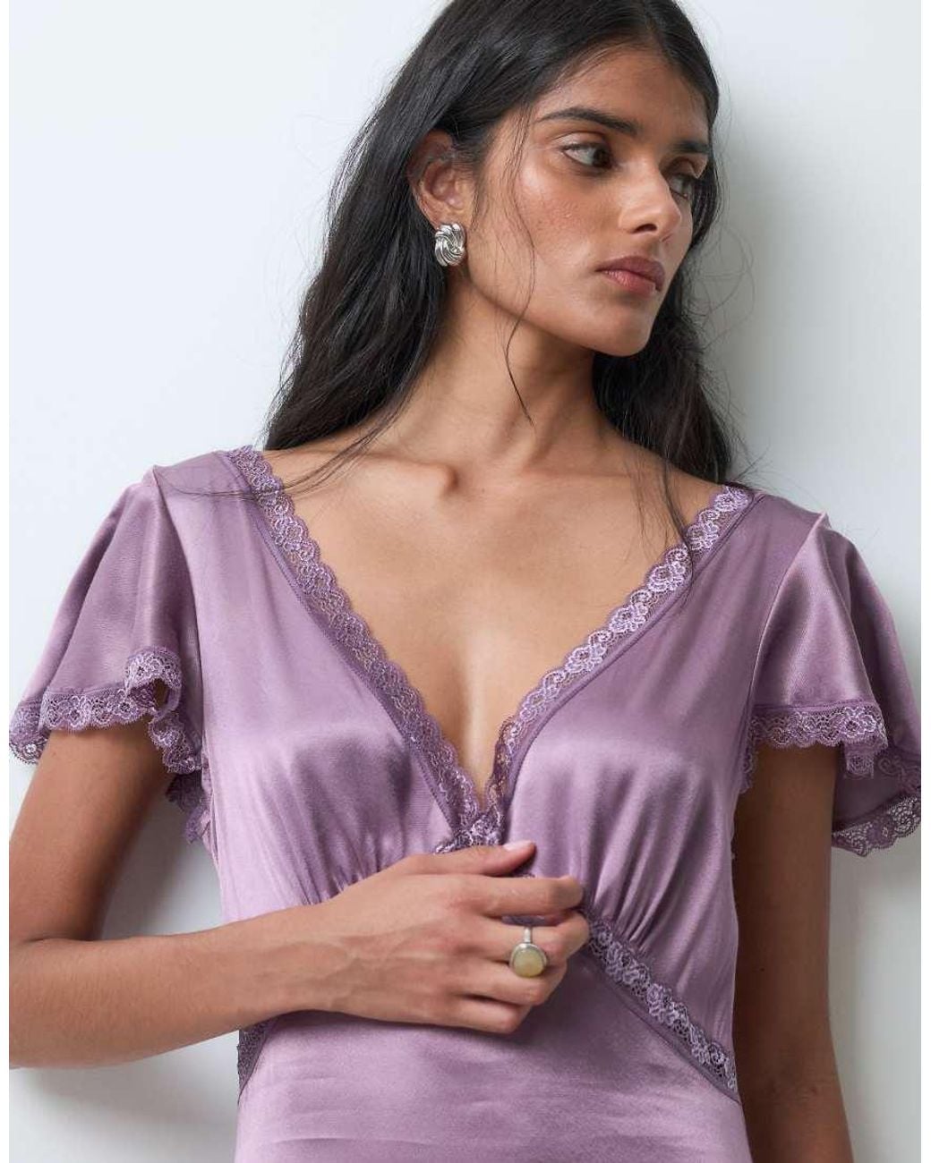 Miss Selfridge Purple Satin Lace Midi Tea Dress
