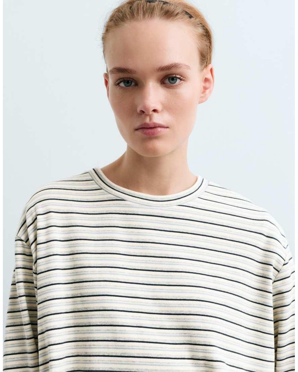 Oysho Gray Cotton Blend T-Shirt With Long Sleeve And Stripes