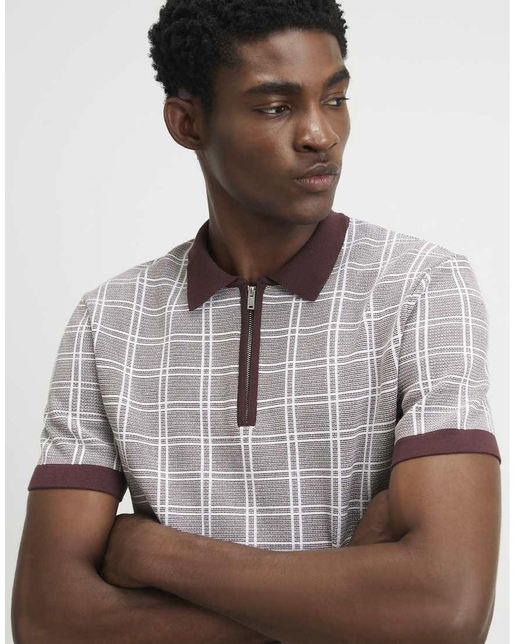 River Island Gray Slim Fit Check Knitted Polo Shirt for men