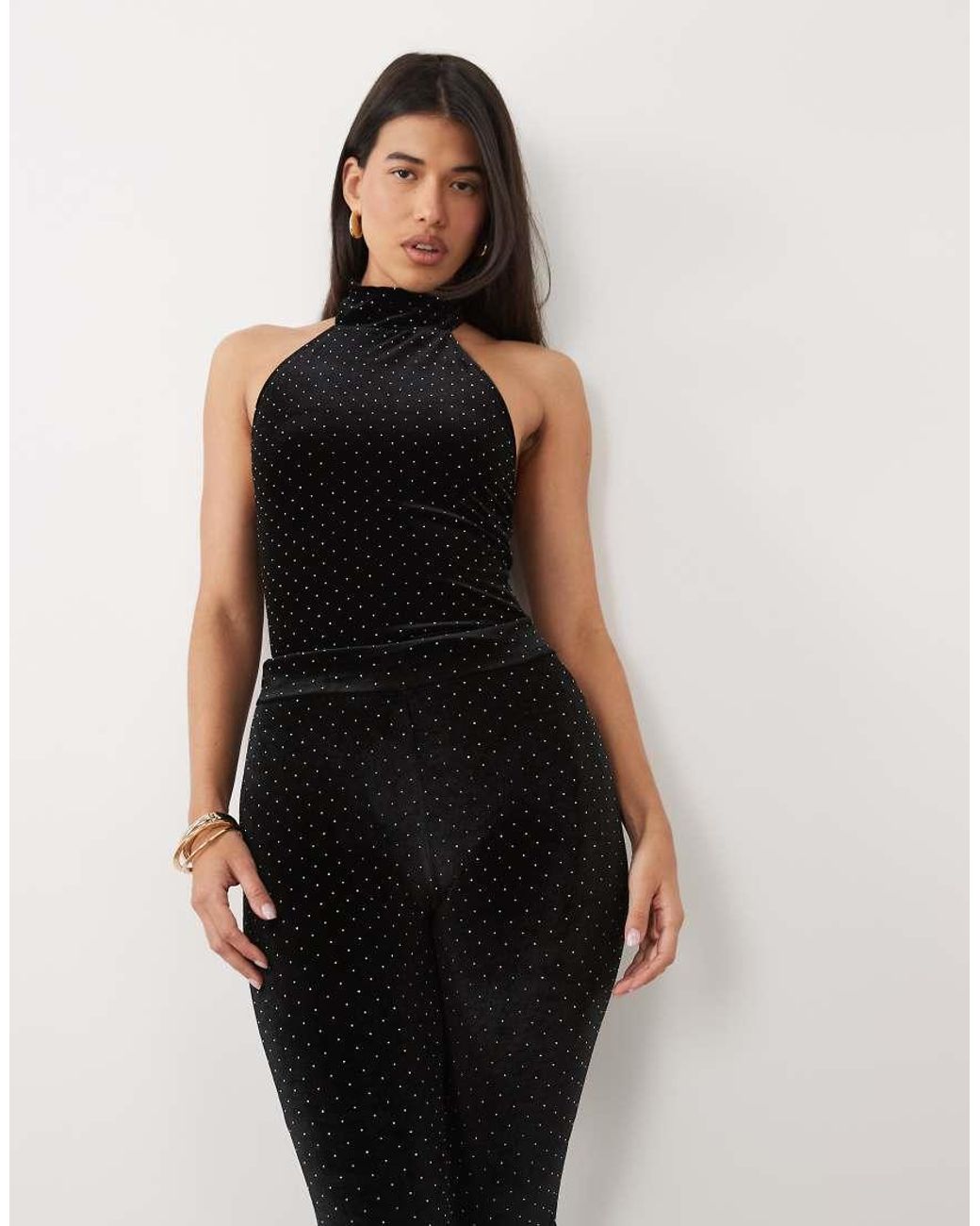 Ruched & Ready Black High Neck Racer Halterneck Velvet Hotfix Bodysuit Co-Ord