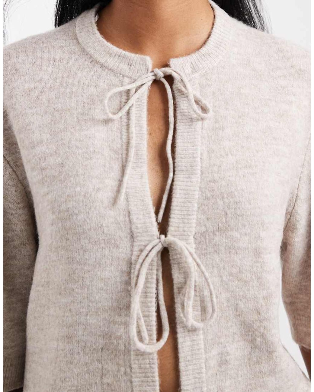ONLY Natural Tie Front Short Sleeve Boxy Knitted Top