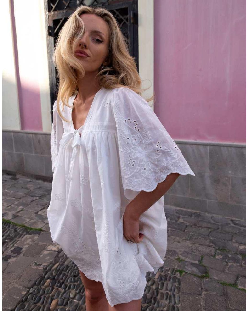 Daisy Street Gray X Emma Jean Boho Fluted Sleeve Floaty Mini Dress With Broderie Detailing