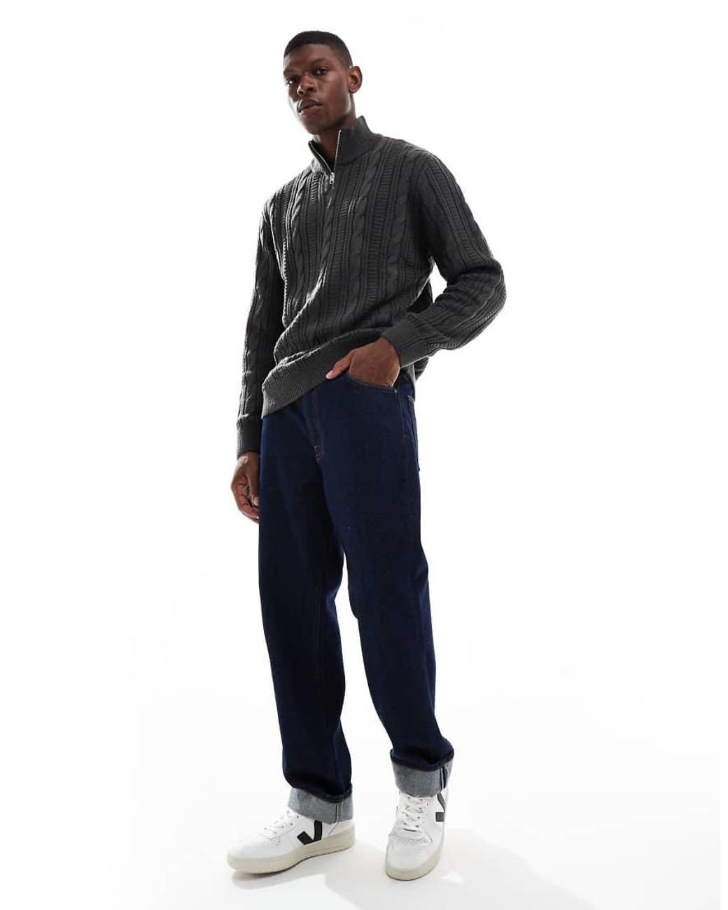 JJ Rebel Black Cable Knit 1/4 Zip Jumper for men