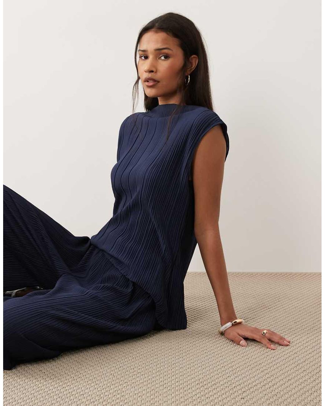 Vila Blue Plisse Sleeveless Top Co-ord