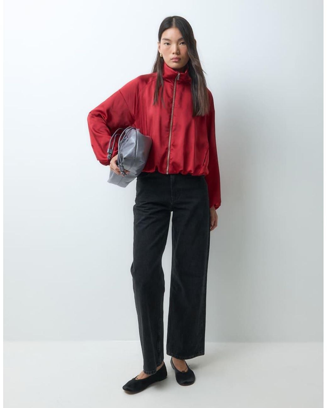 ASOS Red Sateen Funnel Neck Track Bomber Jacket