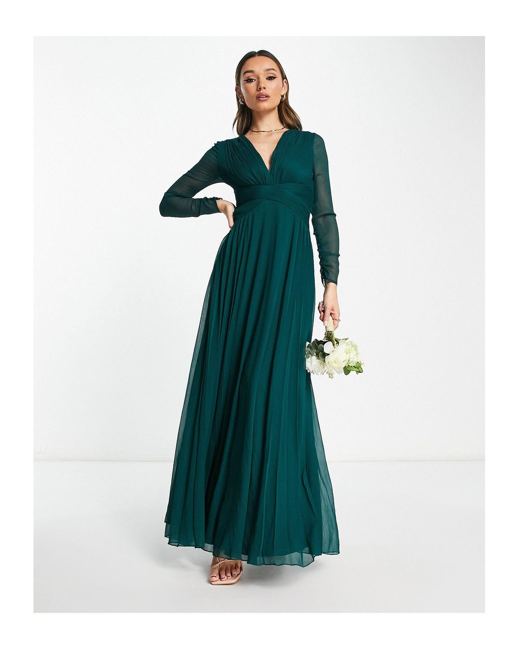 Demoiselle d'honneur - robe longue à manches longues avec taille froncée et  jupe plissée - foncé ASOS en coloris Vert | Lyst
