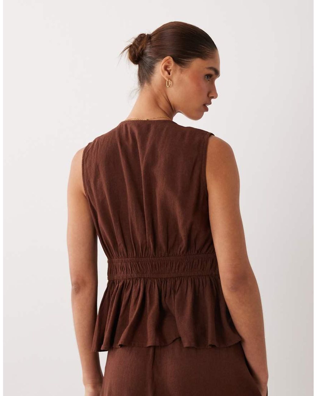 Nobody's Child Brown Linen Blend Ruched Tie Front Top