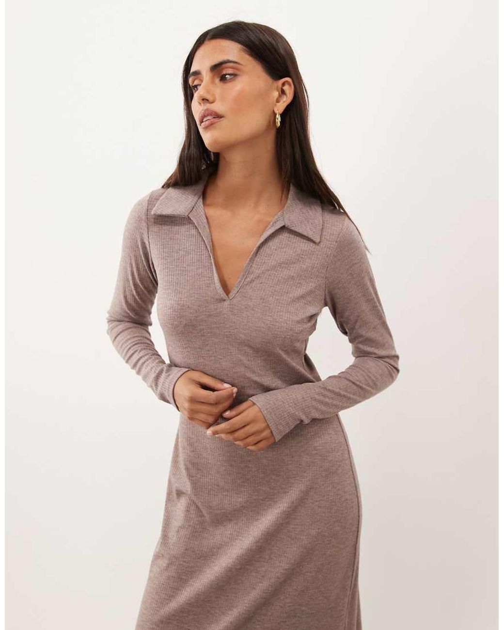 Nobody's Child Natural Ribbed Soft Collared V-neck Long Sleeve Maxi Dress