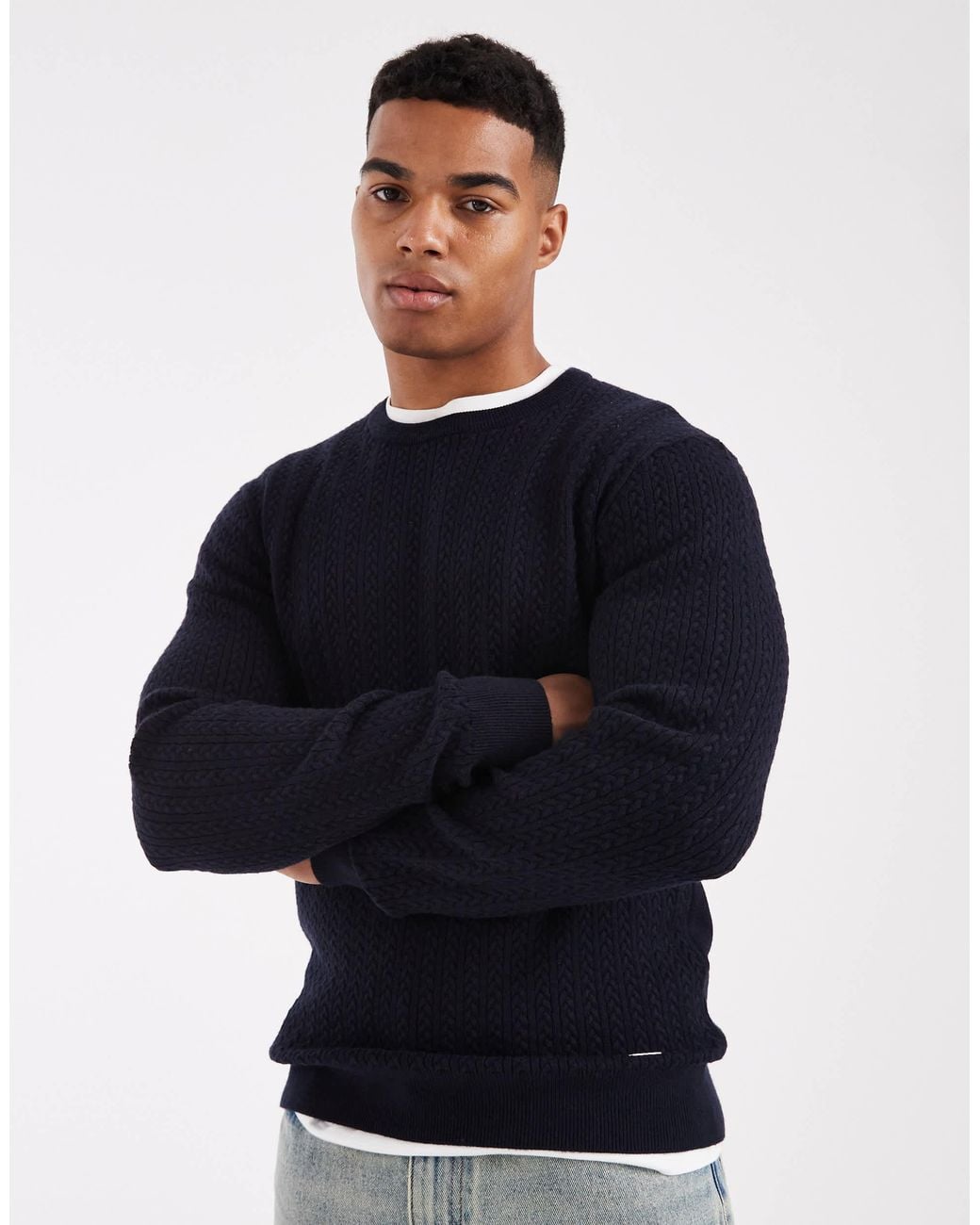 Threadbare Blue Crew Neck Knitted Jumper for men