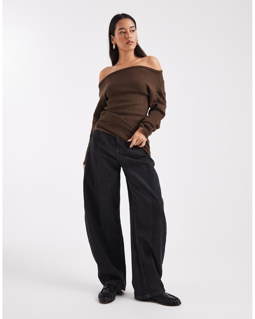 ASOS Brown Knitted One Shoulder Ruched Jumper