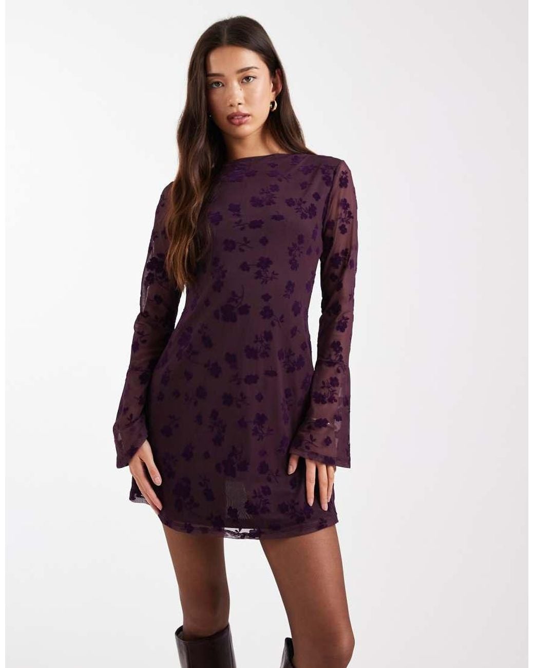 ASOS Purple Flocked Floral Mini Dress With Flute Sleeve