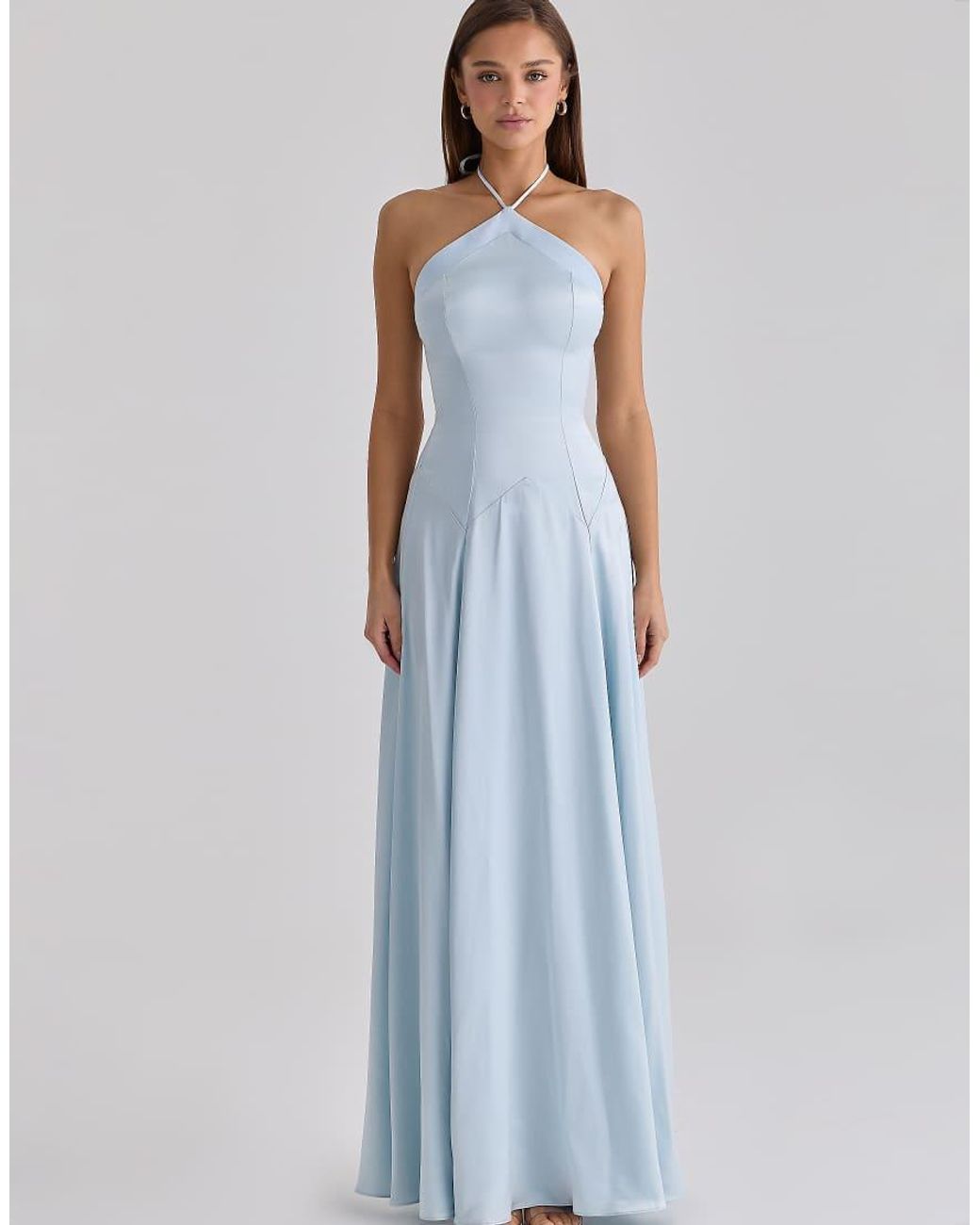 House Of Cb Blue Avelina Satin Halter Neck Godet Maxi Dress