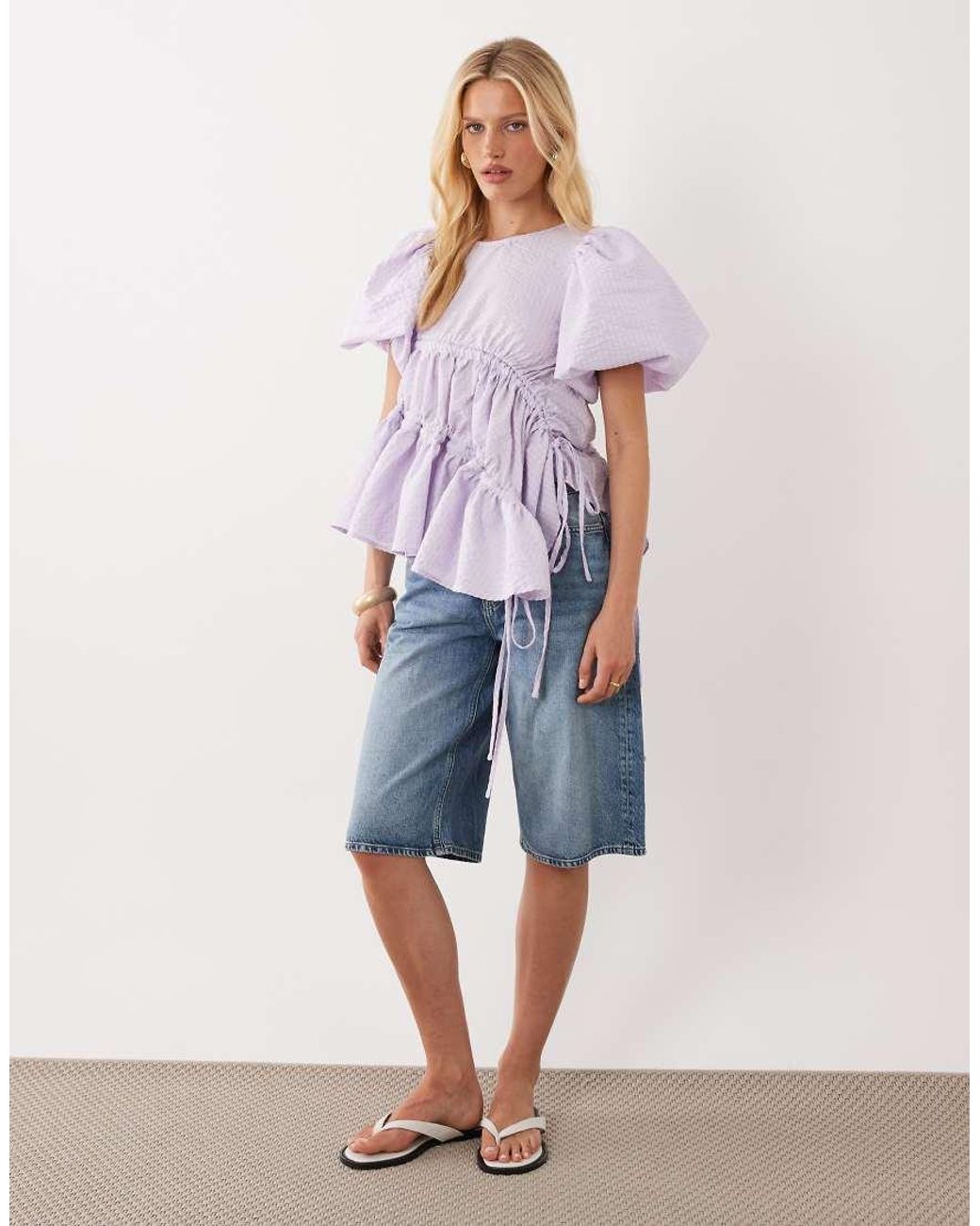 Ghospell Purple Micaela Exclusive Puff Sleeve Ruched Detail Top
