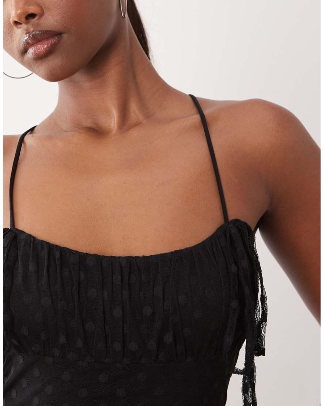 ASOS Black Midi Length Dobby Mesh Slip Dress With Ruched Bust And Peek A Boo Hem Detail