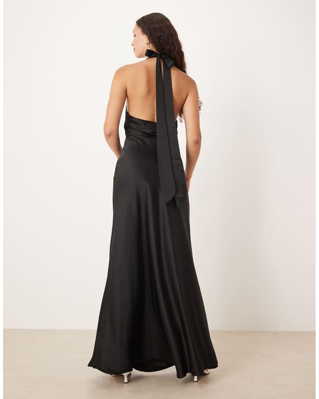 Six Stories Black Twist Front Satin Maxi Dress