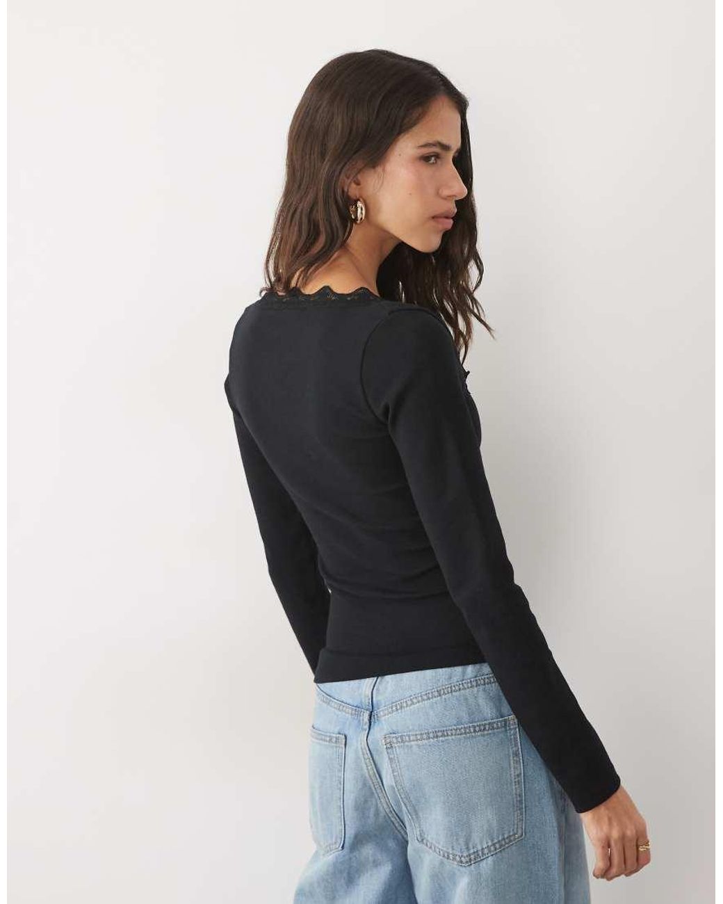 ASOS Black Compact Cotton Sculpting Square Neck Top With Lace Trim