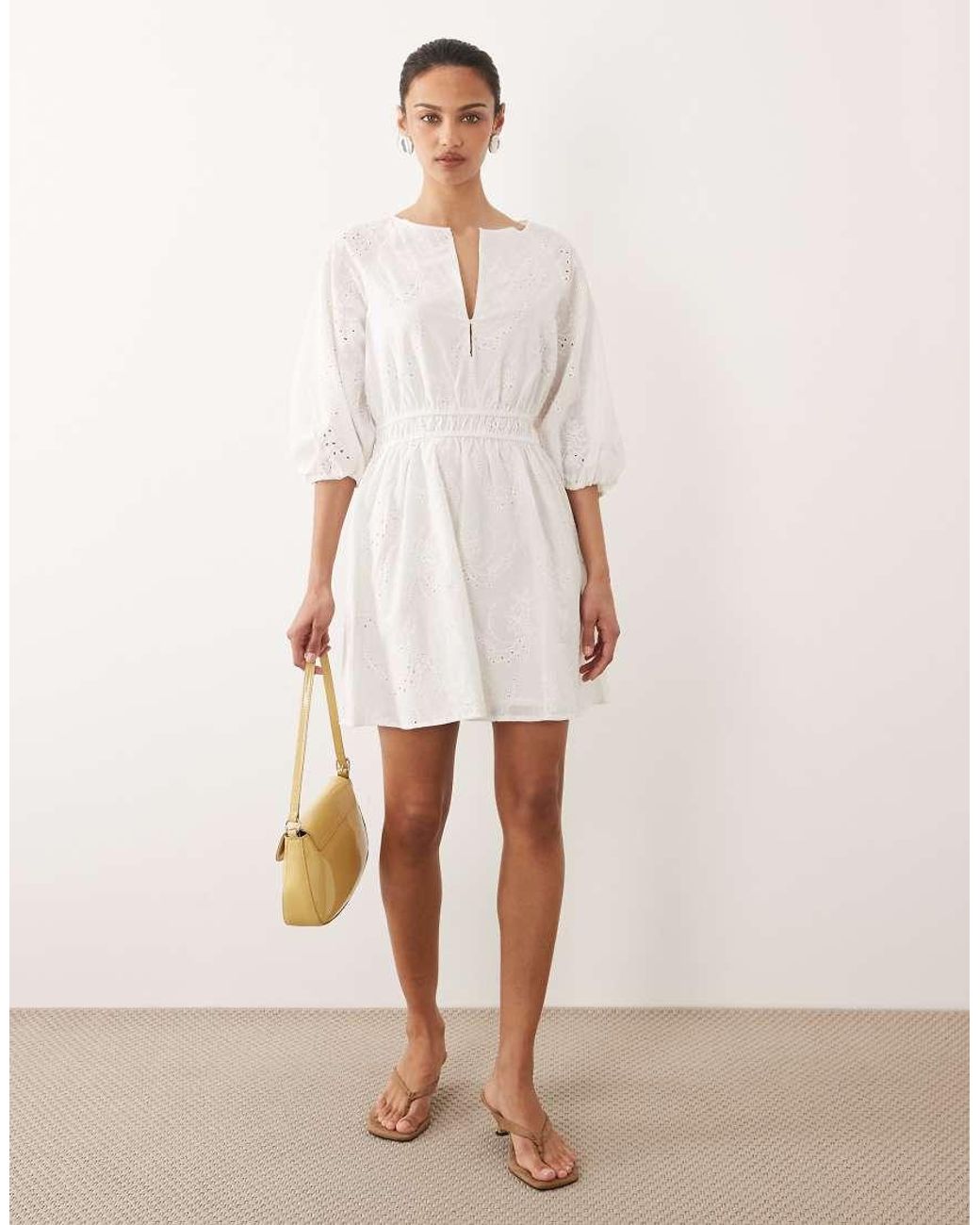 Mango White 100% Cotton Long Sleeve Embroidered Mini Dress