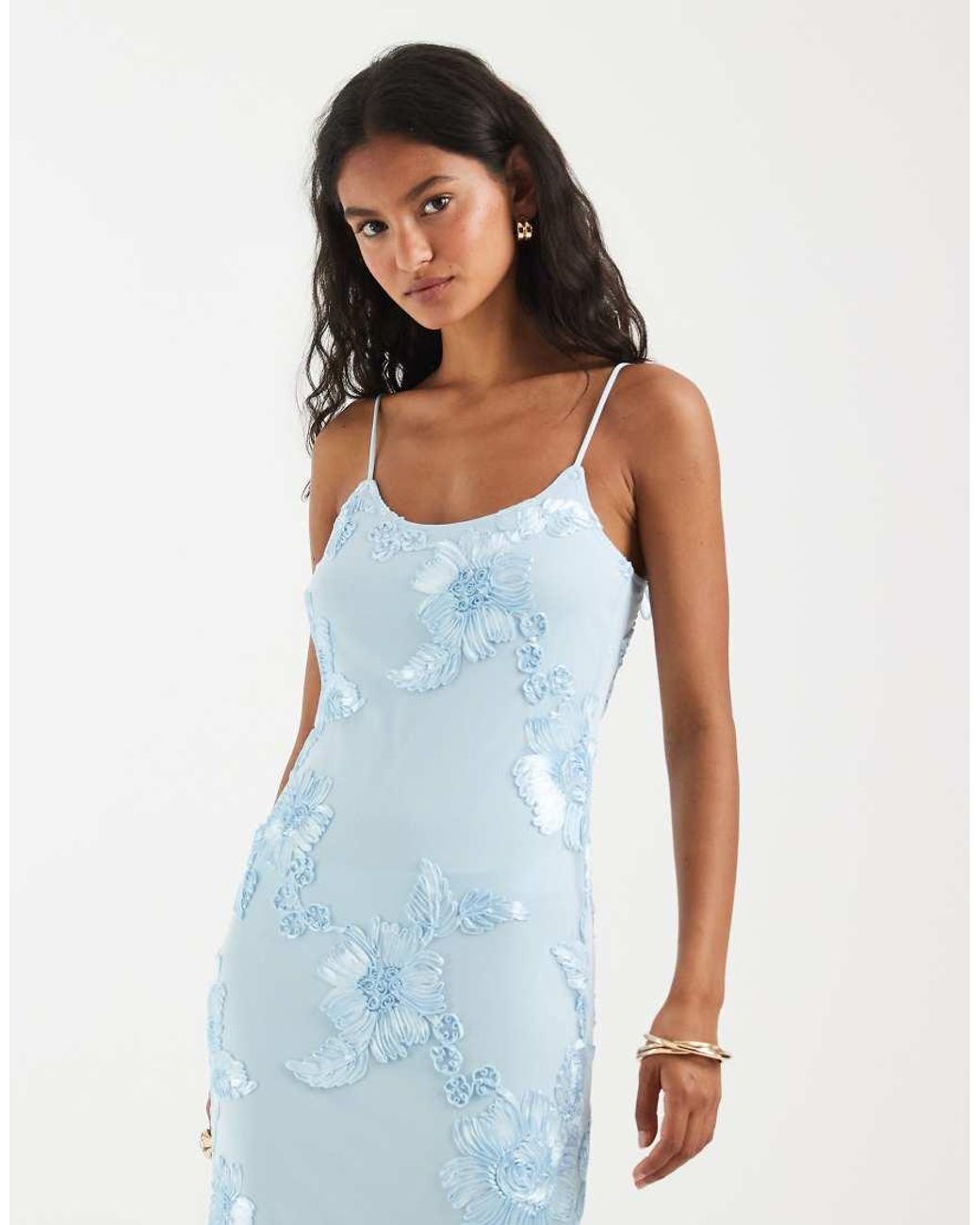 Pieces Blue Floral Embroidered Mesh Cami Maxi Dress