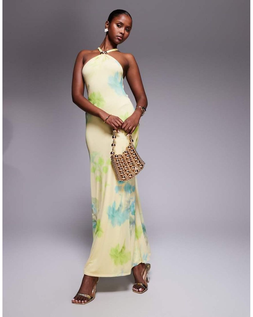 ASOS Multicolor Mesh Trimmed Halterneck Maxi Dress With Twisted Back Detail