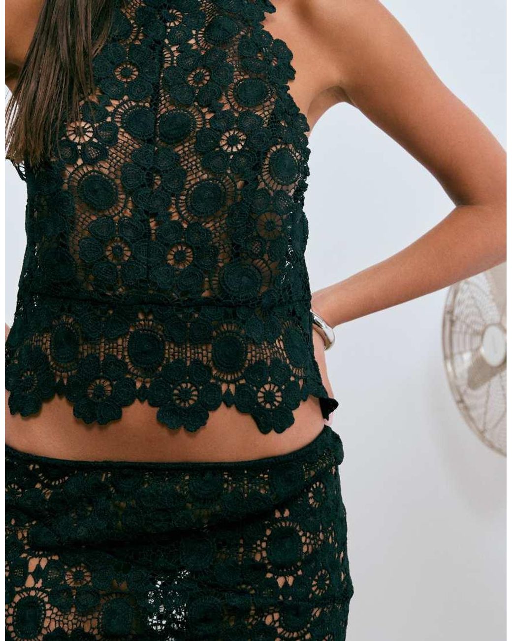 Lioness Blue Trophy Sheer Lace Intricate Floral Detail Asymmetric Skirt Co-ord