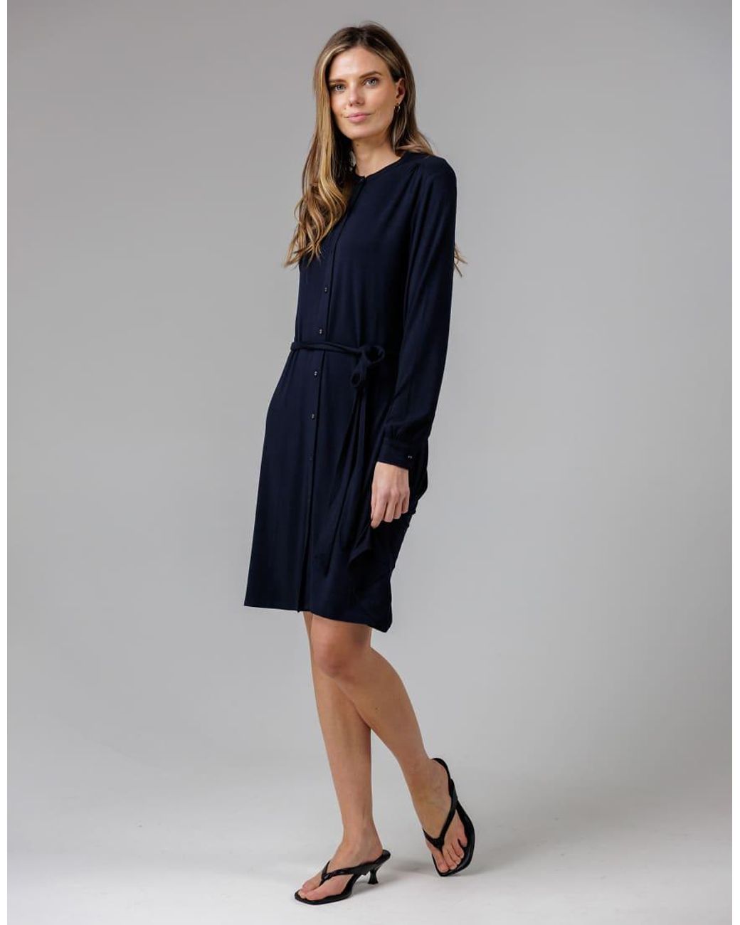French Connection Blue Cotton Stretch Grandad Collar Long Balloon Sleeve Button Self-Tie Midi Dress
