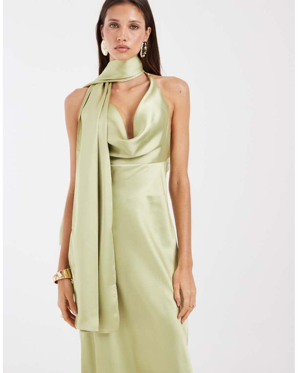 ASOS Green Satin Scarf Cowl Neck Maxi Dress