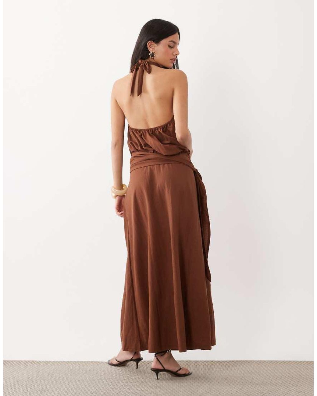 ASOS Brown Linen Look Halter Neck Bubble Hem Maxi Dress