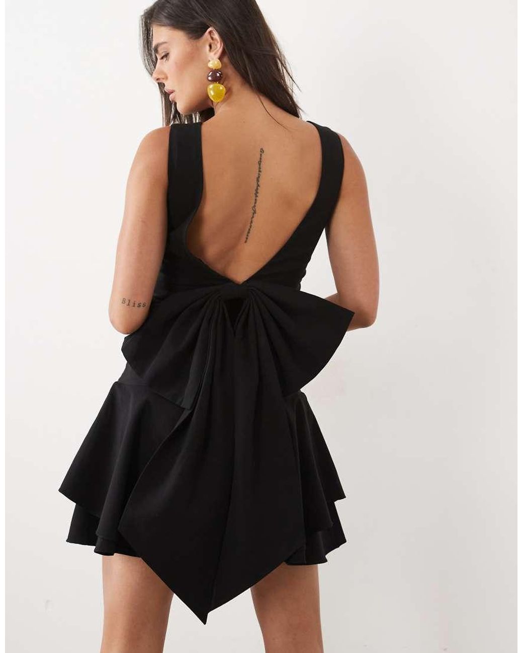 TFNC London Black Bengaline V Back Bow Detail Skater Mini Dress
