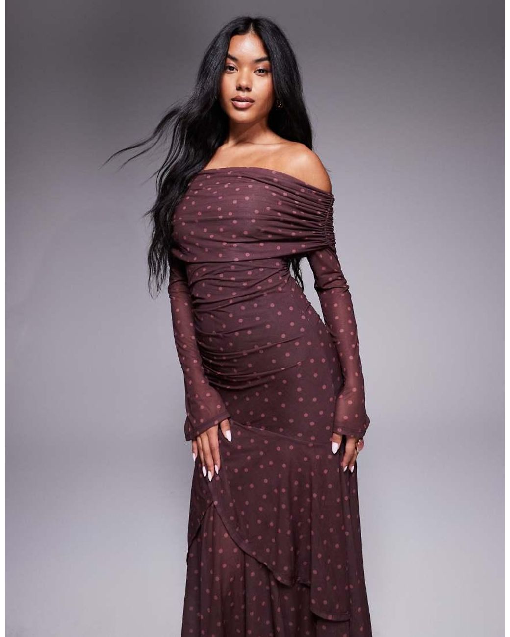 ASOS Purple Stretch Chiffon Long Sleeve Bardot Maxi Dress With Ruffle Hem