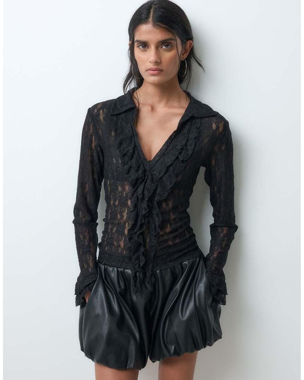Miss Selfridge Black Sheer Lace Shirt