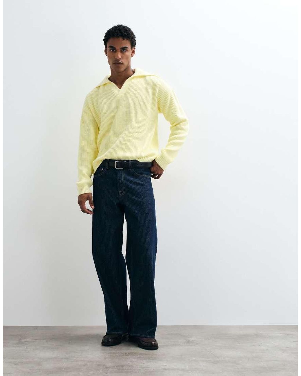 ASOS Yellow Oversized Knitted Extreme Open Collar Polo Jumper for men