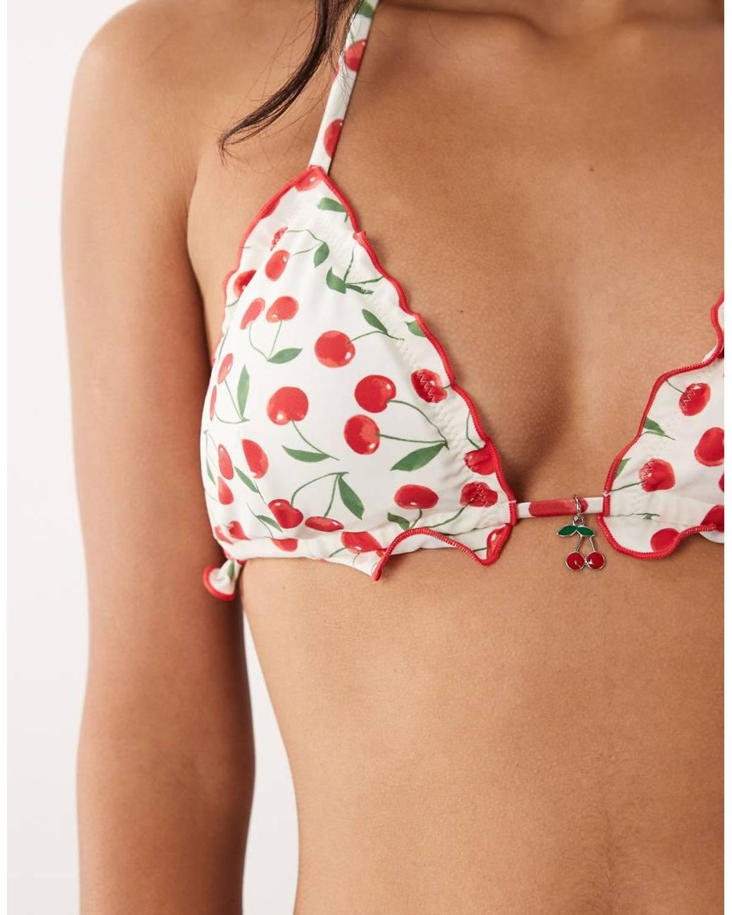 Accessorize Brown Cherry Print Triangle Bikini Top With Contrast Trim
