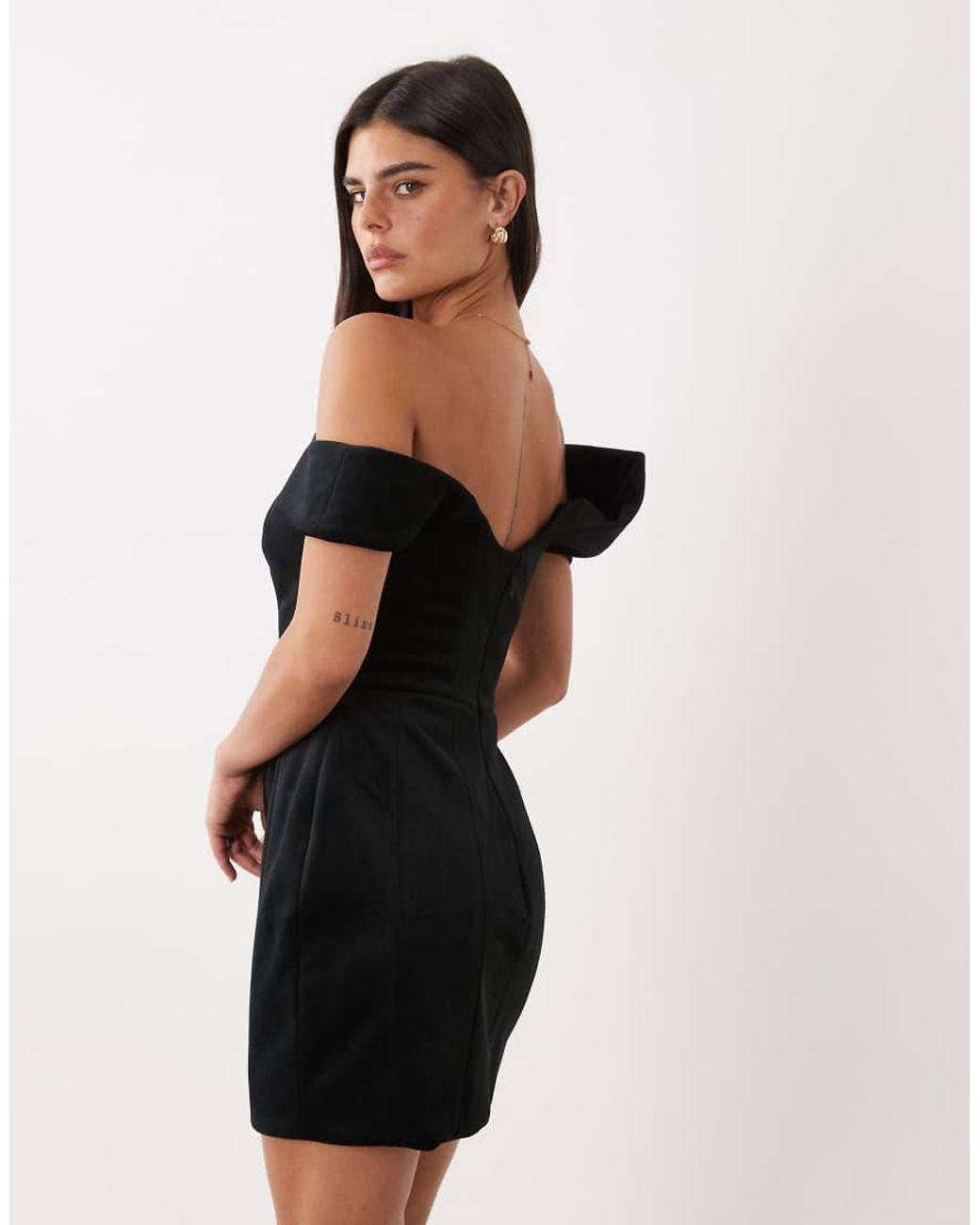 ASOS Black Wired Neckline Off The Shoulder Velvet Mini Dress With Tulip Hips