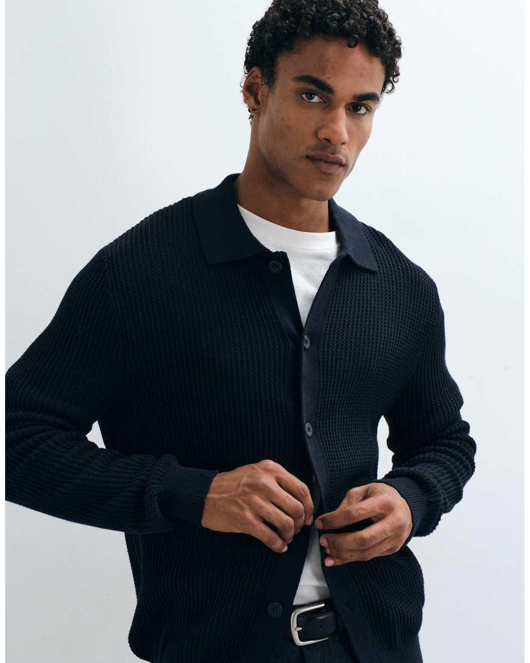 Mango Blue Knitted Button Through Cardigan for men