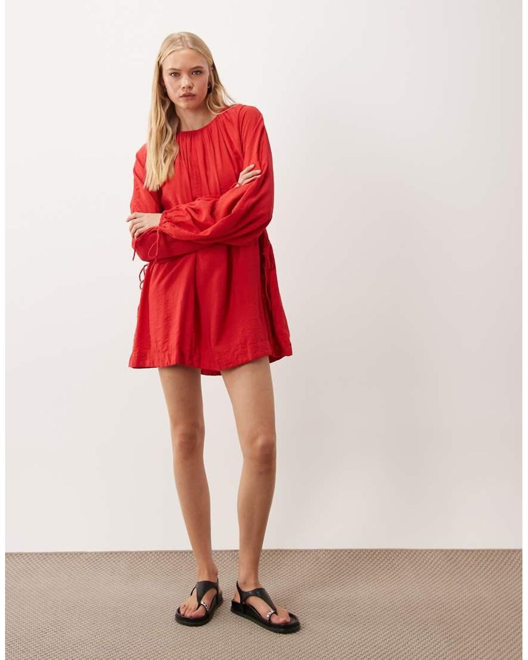 ASOS Red Crew Neck Mini Dress With Ruched Waist Channel And Blouson Sleeves