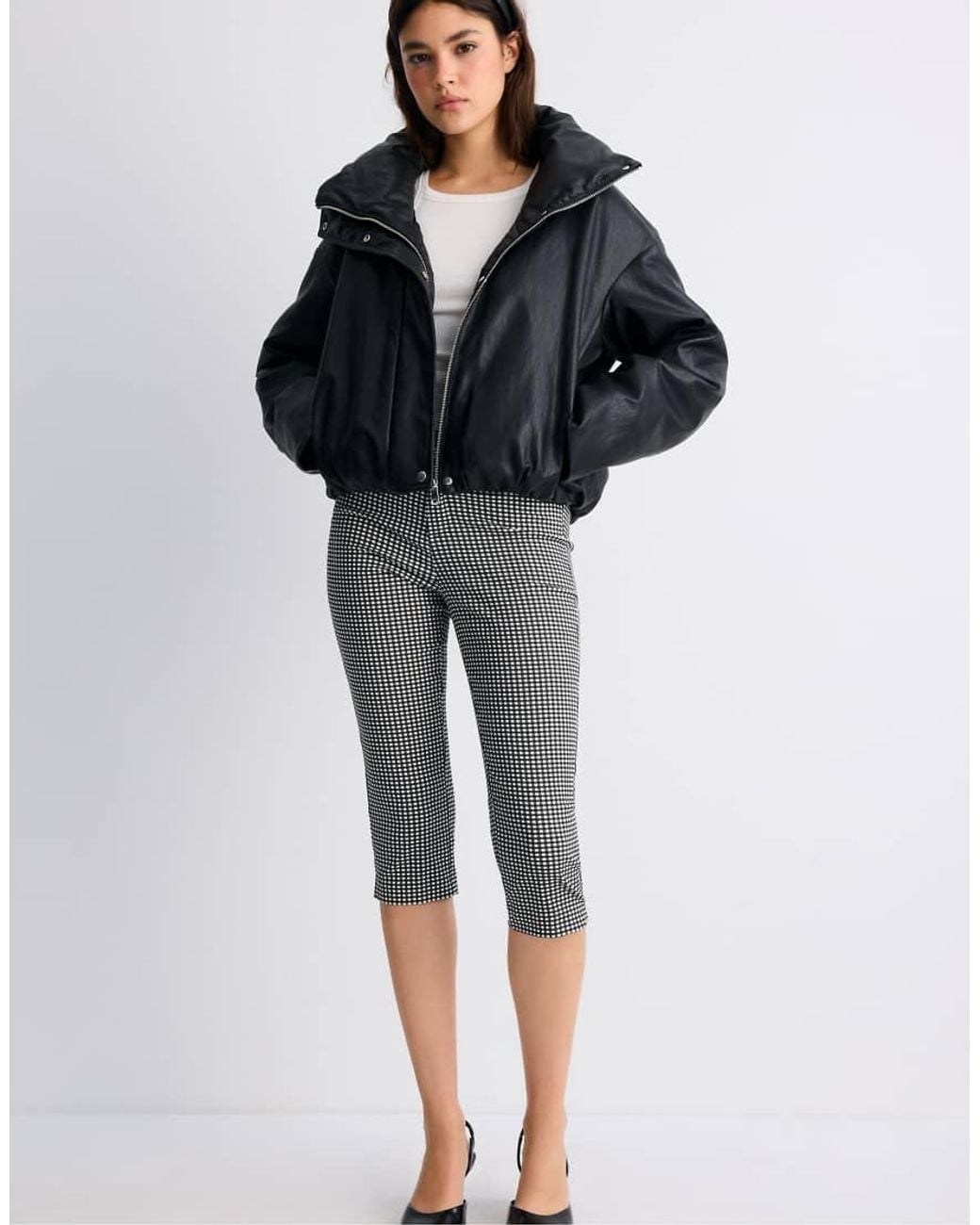 Stradivarius Black Leather Effect High Neck Puffer Jacket