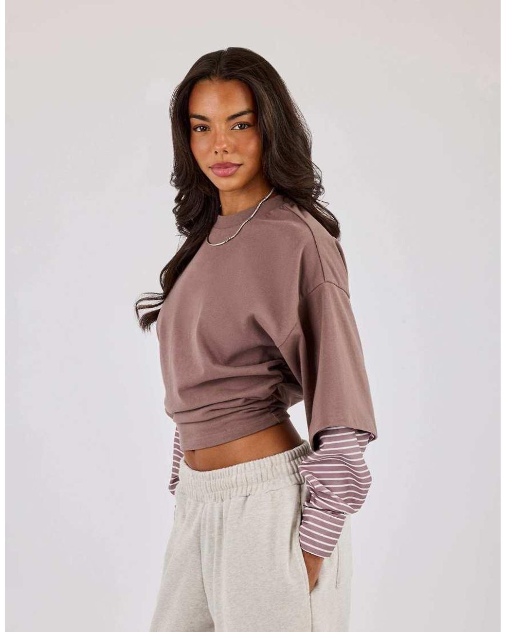 CERNUCCI Brown Cropped Oversized T-Shirt With Layered Shirt