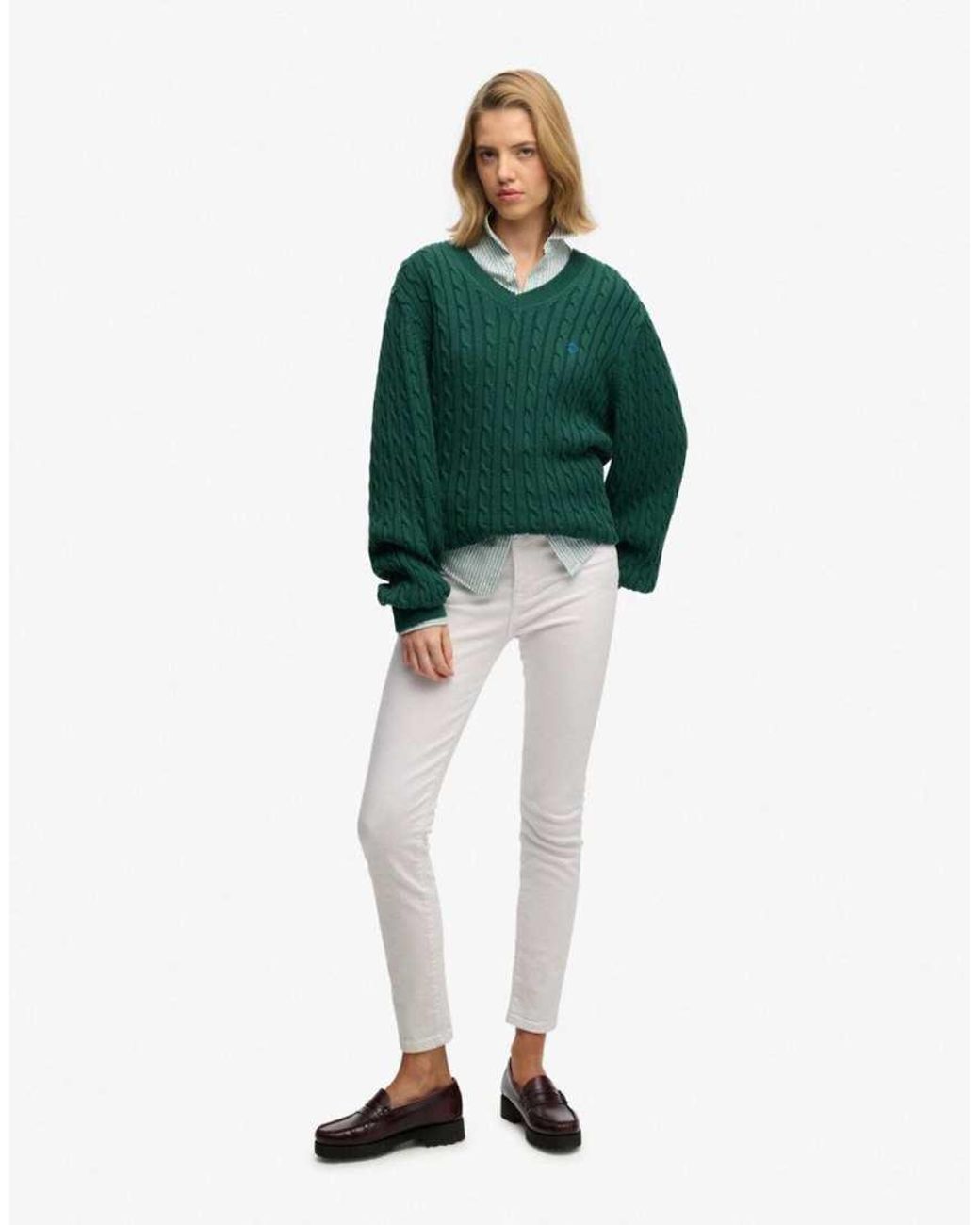 Superdry Green Oversized V Neck Cable Jumper