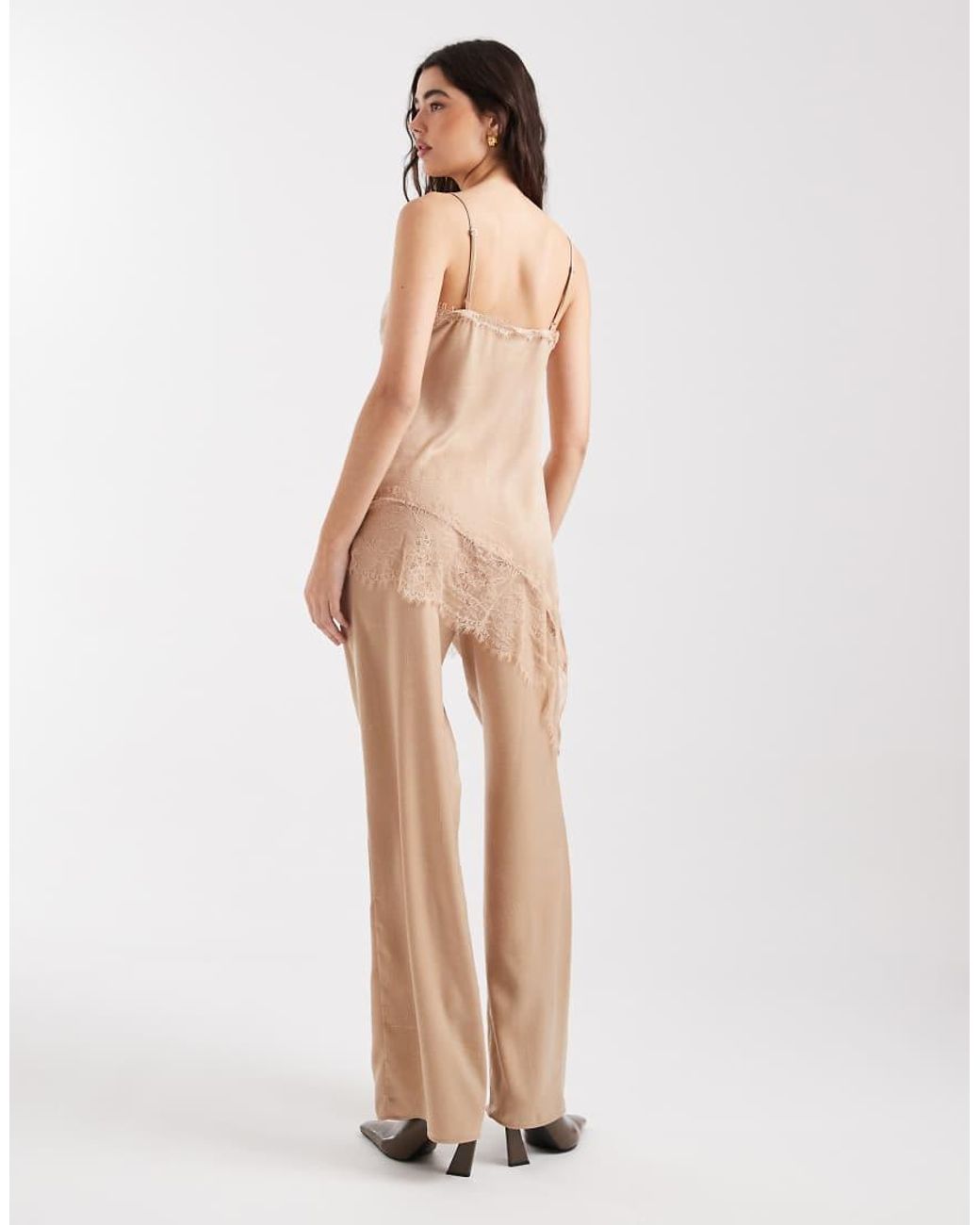 ASOS Natural Crinkle Satin Wide Leg Pull On Trouser