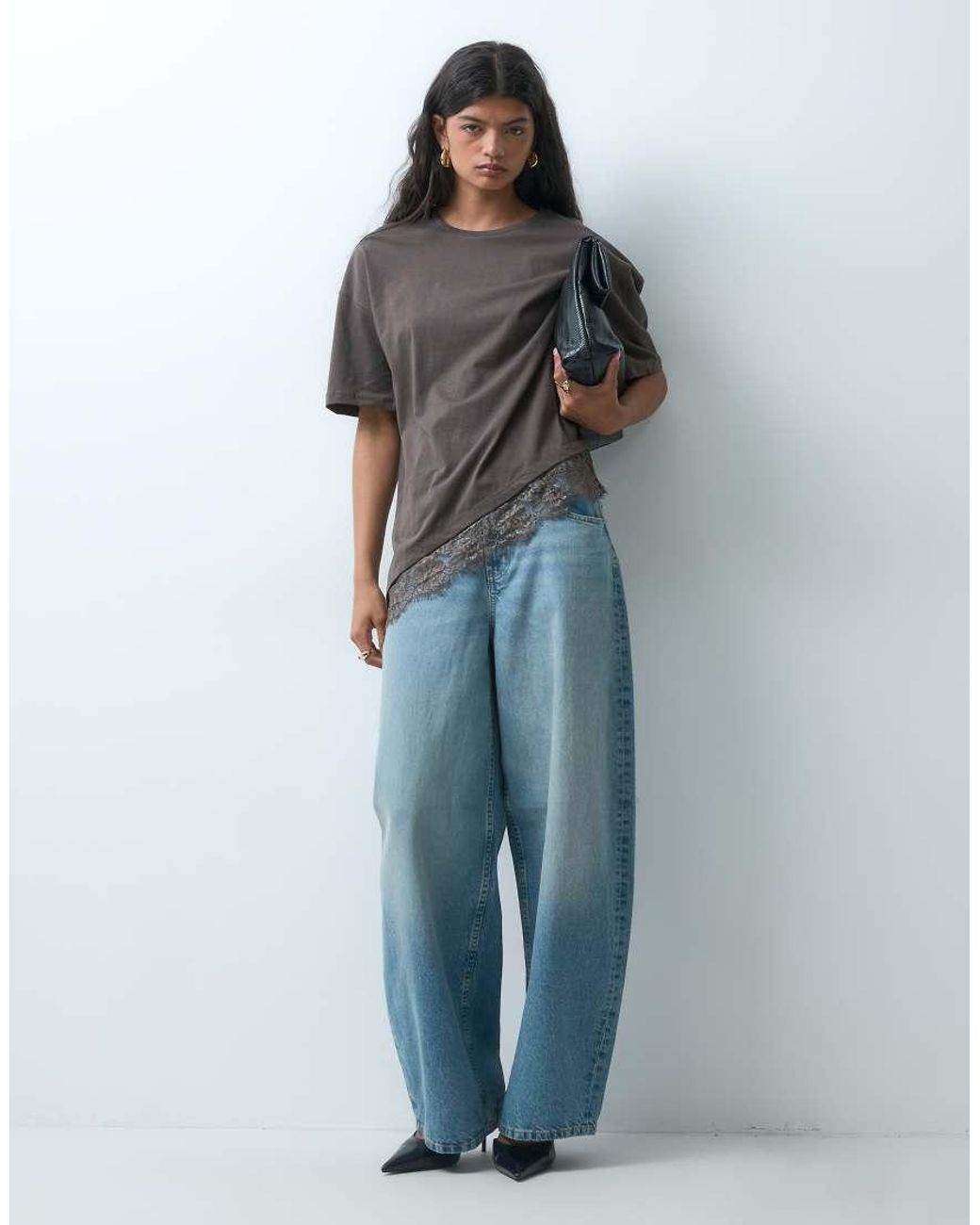 Noisy May Gray Asym Lace Hem T-shirt