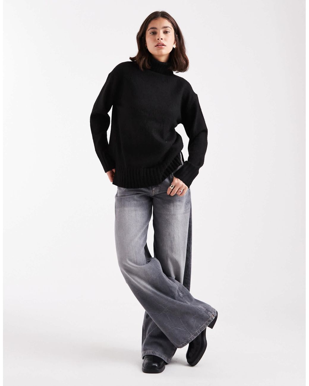 Threadbare Black Chunky Knit Roll Neck Jumper
