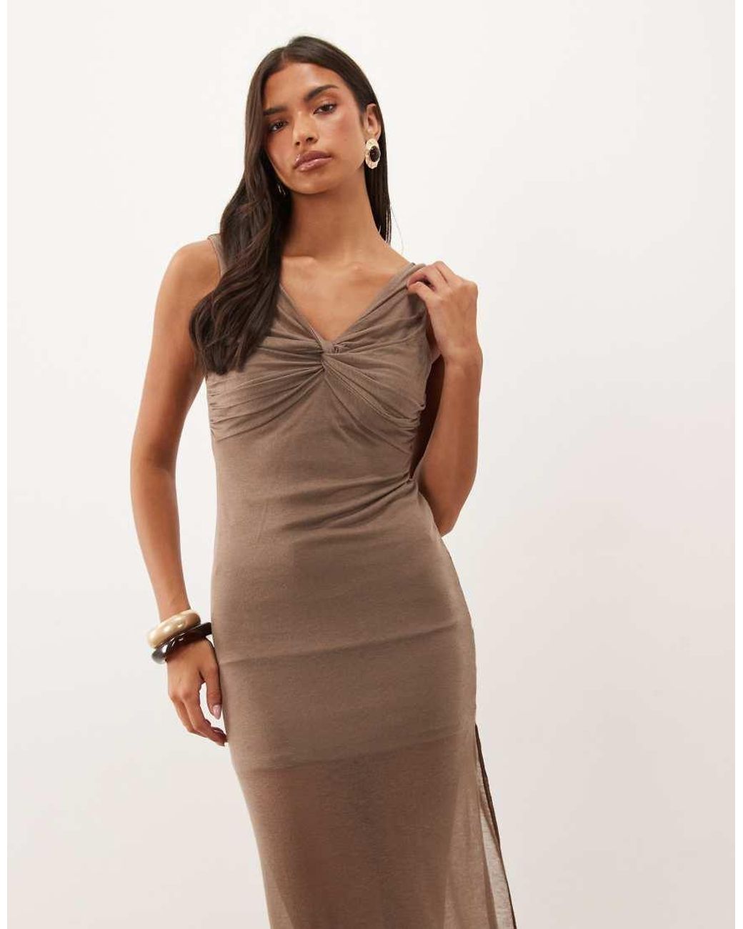 ASOS Natural Semi Sheer Knit Look Column Maxi Dress With Twist Bust Detail