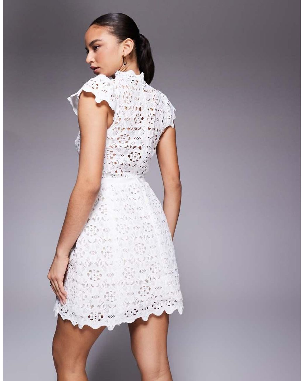 Bardot Gray Rowne Lace High Neck Cap Sleeve Waisted Mini Dress