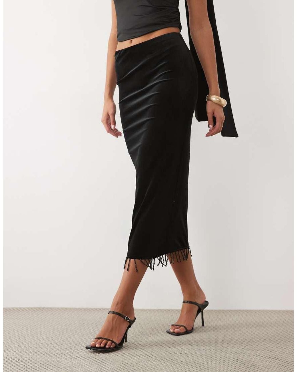 ASOS Black Velvet Fringed Maxi Skirt