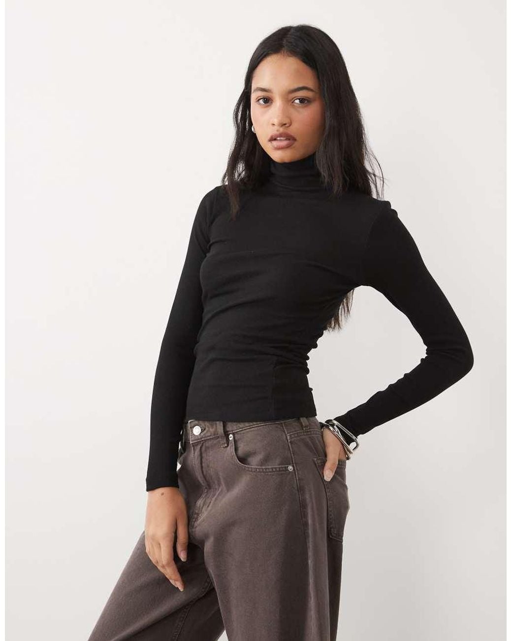 Brave Soul Black Long Sleeve Ribbed Roll Neck Top