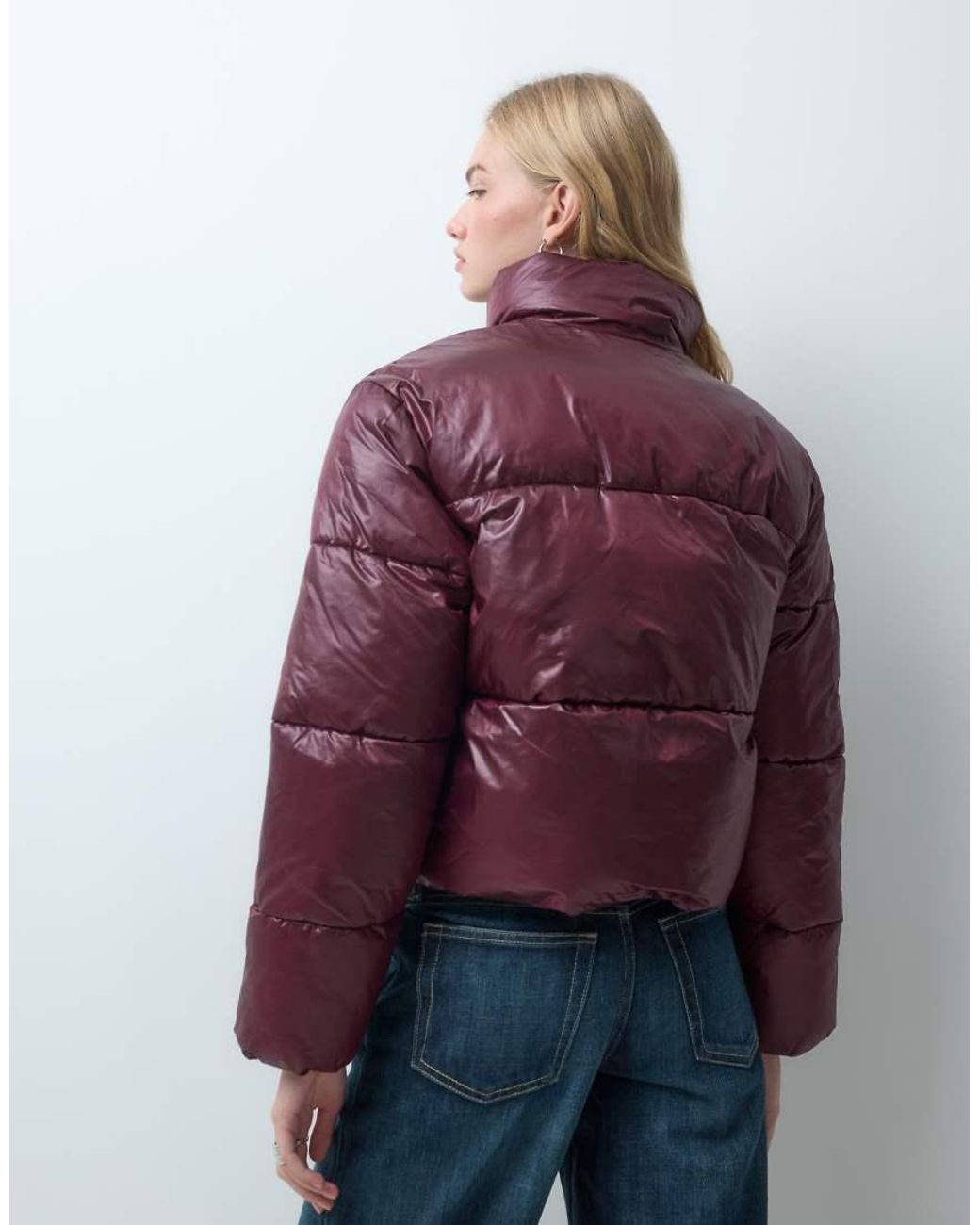 Pieces Purple Funnel Neck Short Padded Coat