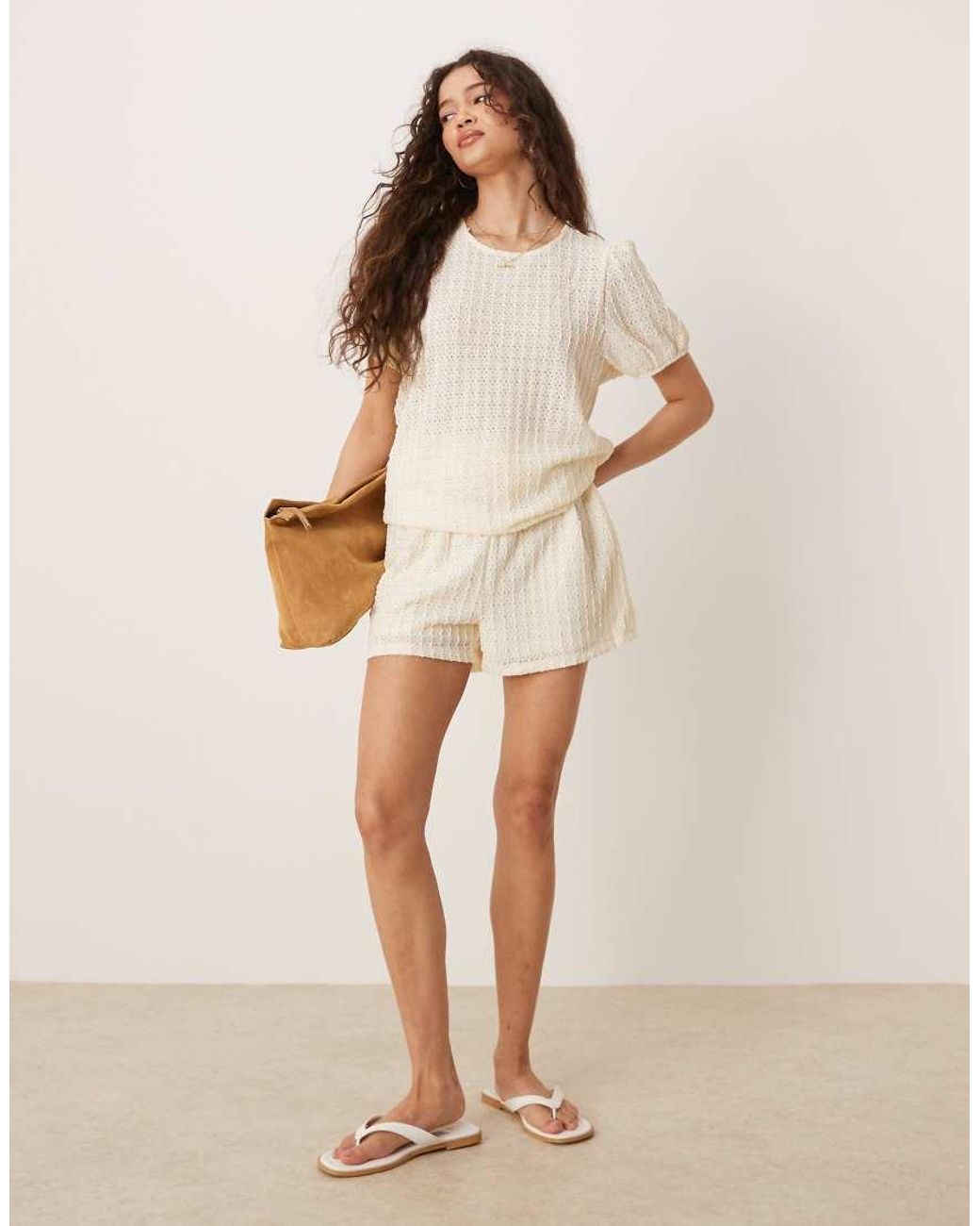 Vila Natural Textured Puff Sleeve T-Shirt Co-Ord