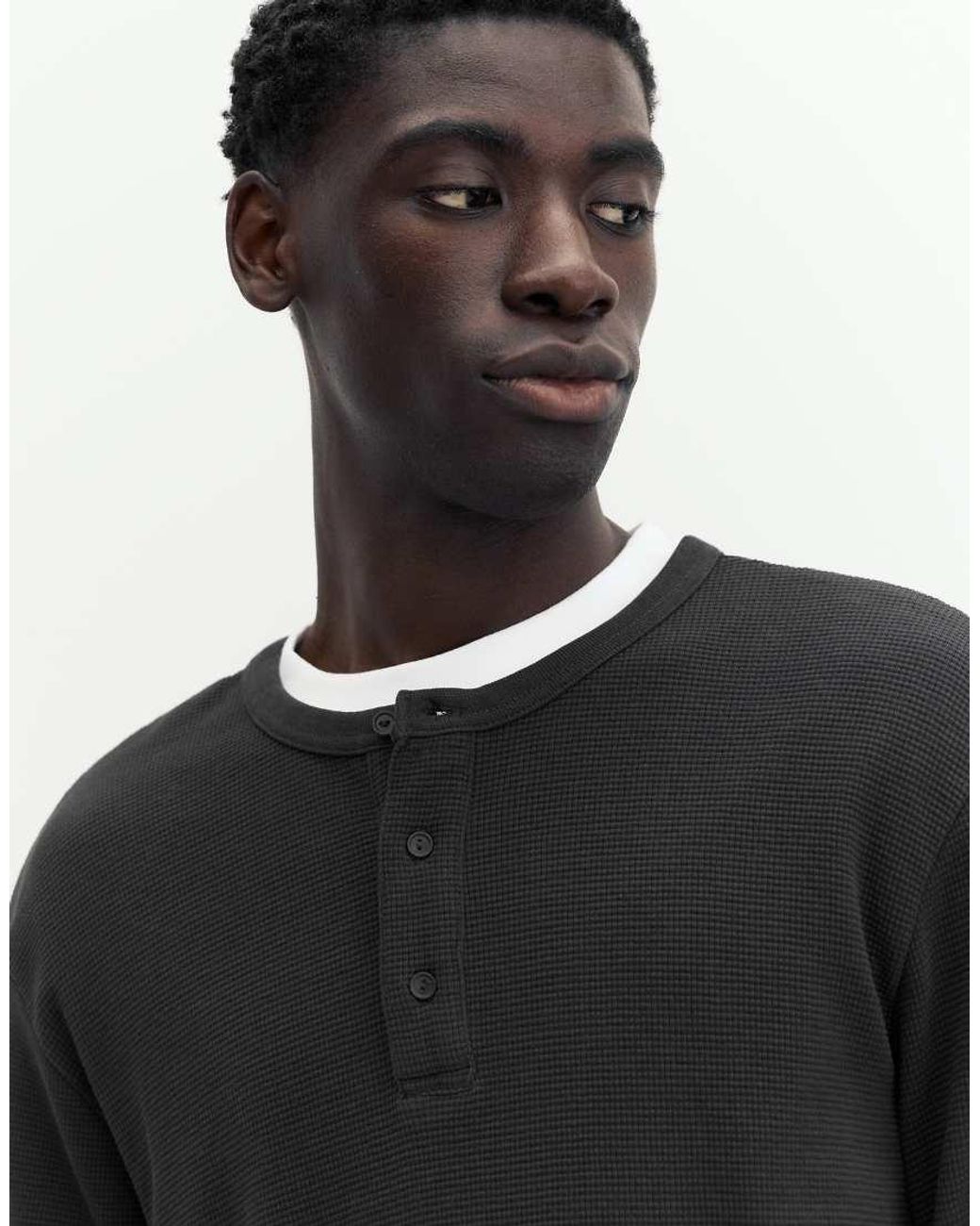 Pull&Bear Black Henley Waffle-knit Long Sleeve T-shirt for men